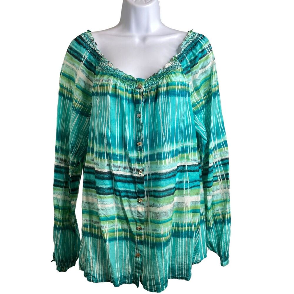 Tommy Bahama Elastic Pleated Front Striped Blouse Top Size M Peasant Lagenlook